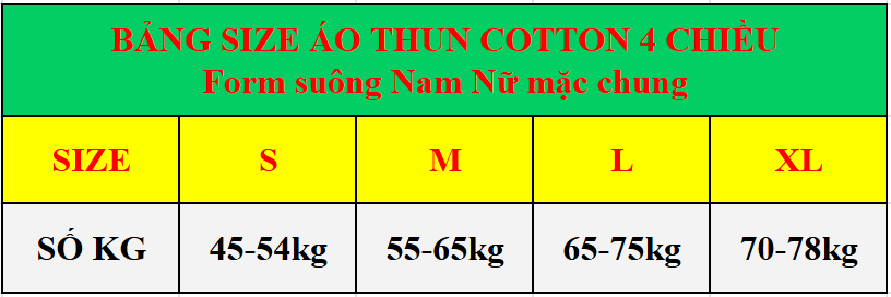 bảng size áo thun cotton 4 chiều
